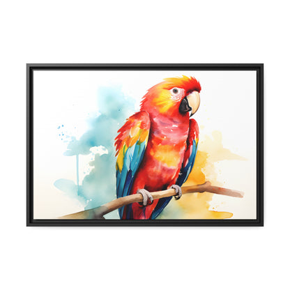 Framed Canvas Artwork Bright Red Parrot With Rainbow Wings Perched On A Tree Branch Nature Influenced Water Color Painting Style