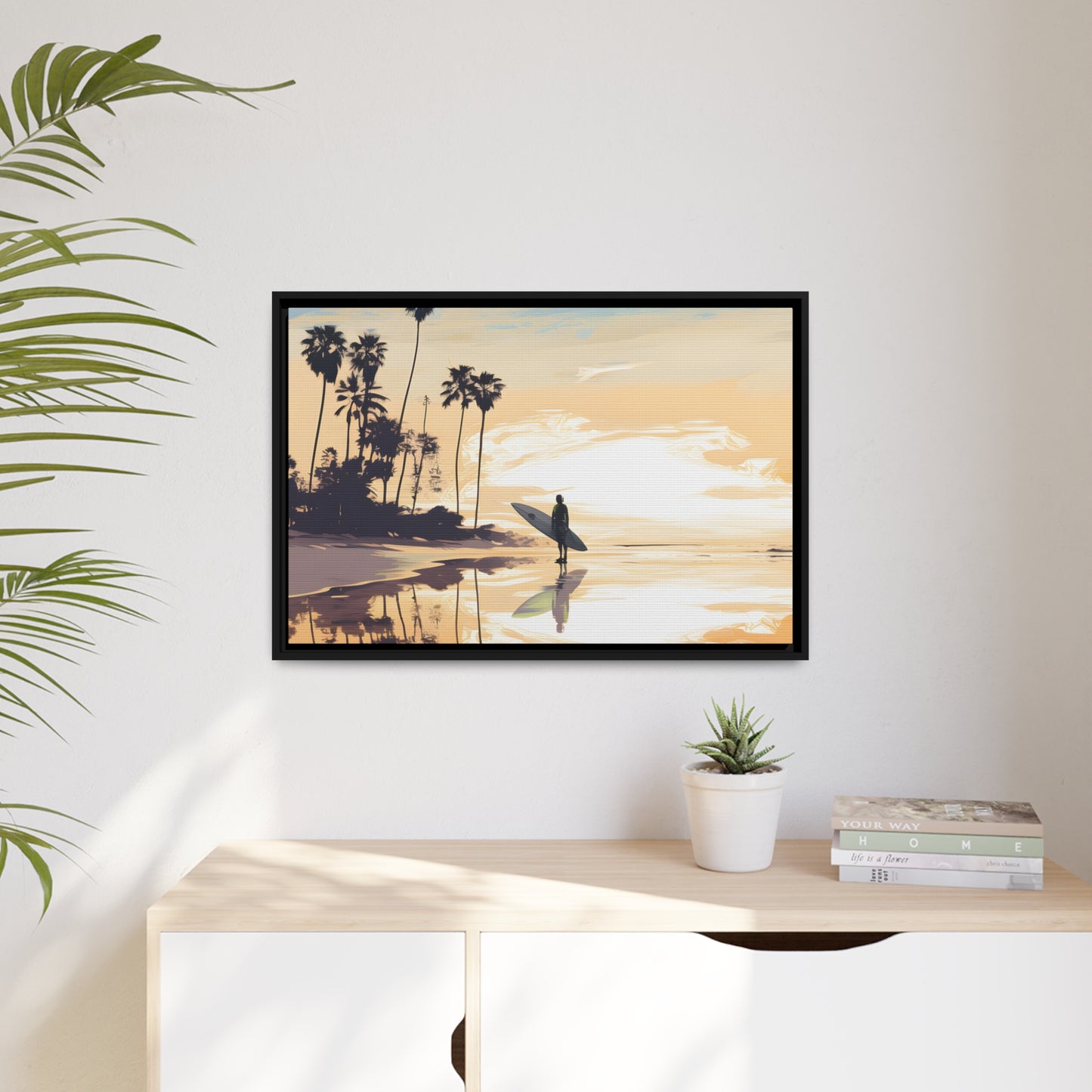 Framed Canvas Artwork Beach Ocean Surfing Warm Sun Set Art Surfer On Beach Holding Surfboard Palm Tree Silhouettes Perfect Mood Enhancer Floating Frame Canvas Artwork