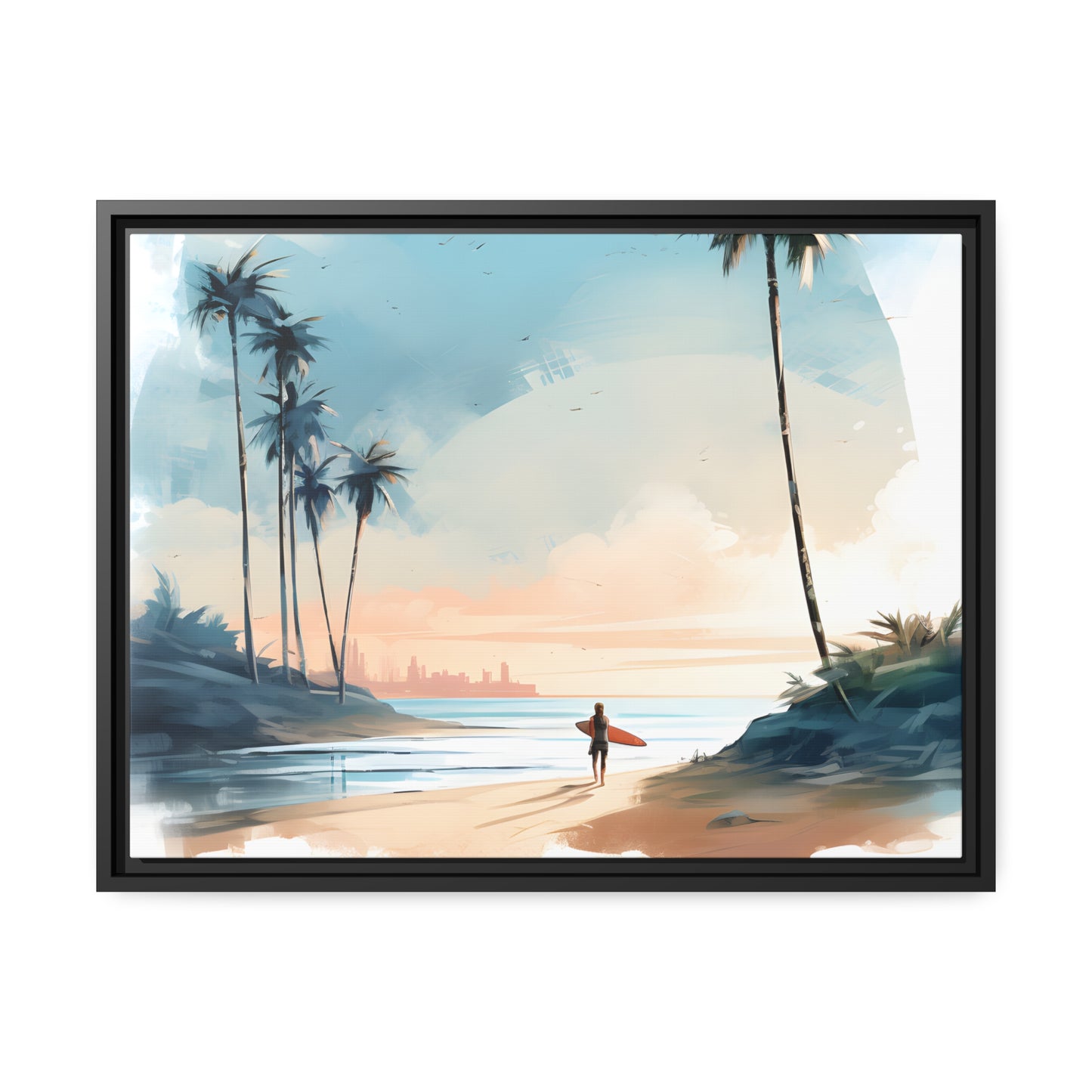 Framed Canvas Artwork Beach Ocean Surfing Warm Sun Set Art Surfer On Beach Holding Surfboard And Palm Tree Silhouettes Water Color Style City In Background Impressive Beach Scene Floating Frame Canvas Artwork