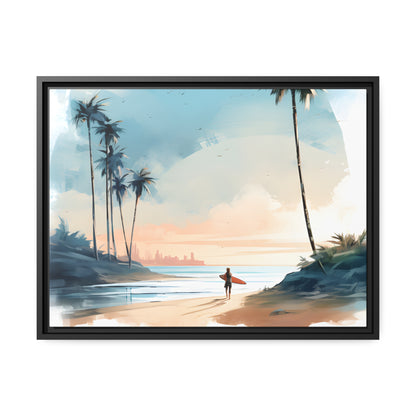 Framed Canvas Artwork Beach Ocean Surfing Warm Sun Set Art Surfer On Beach Holding Surfboard And Palm Tree Silhouettes Water Color Style City In Background Impressive Beach Scene Floating Frame Canvas Artwork