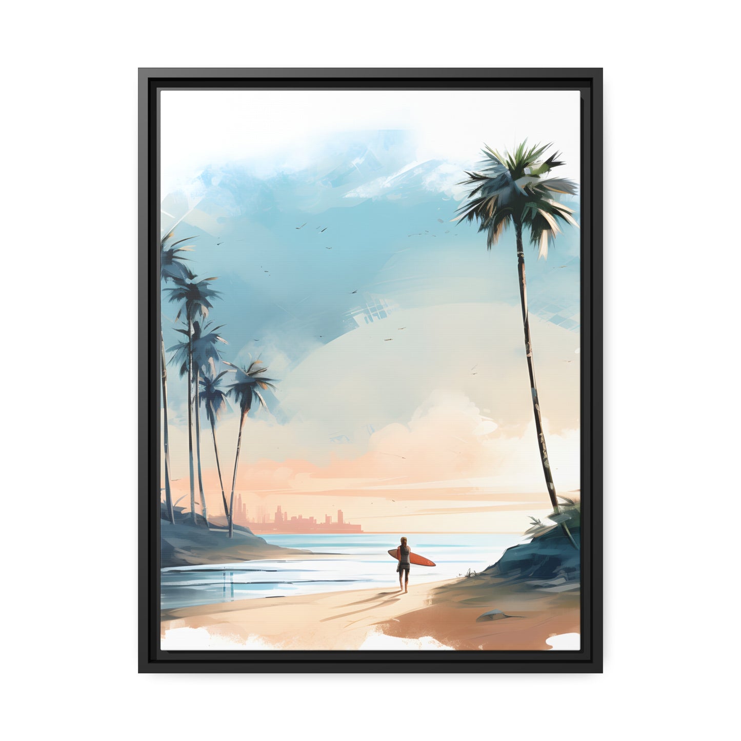 Framed Canvas Artwork Beach Ocean Surfing Warm Sun Set Art Surfer On Beach Holding Surfboard And Palm Tree Silhouettes Water Color Style City In Background Impressive Beach Scene Floating Frame Canvas Artwork