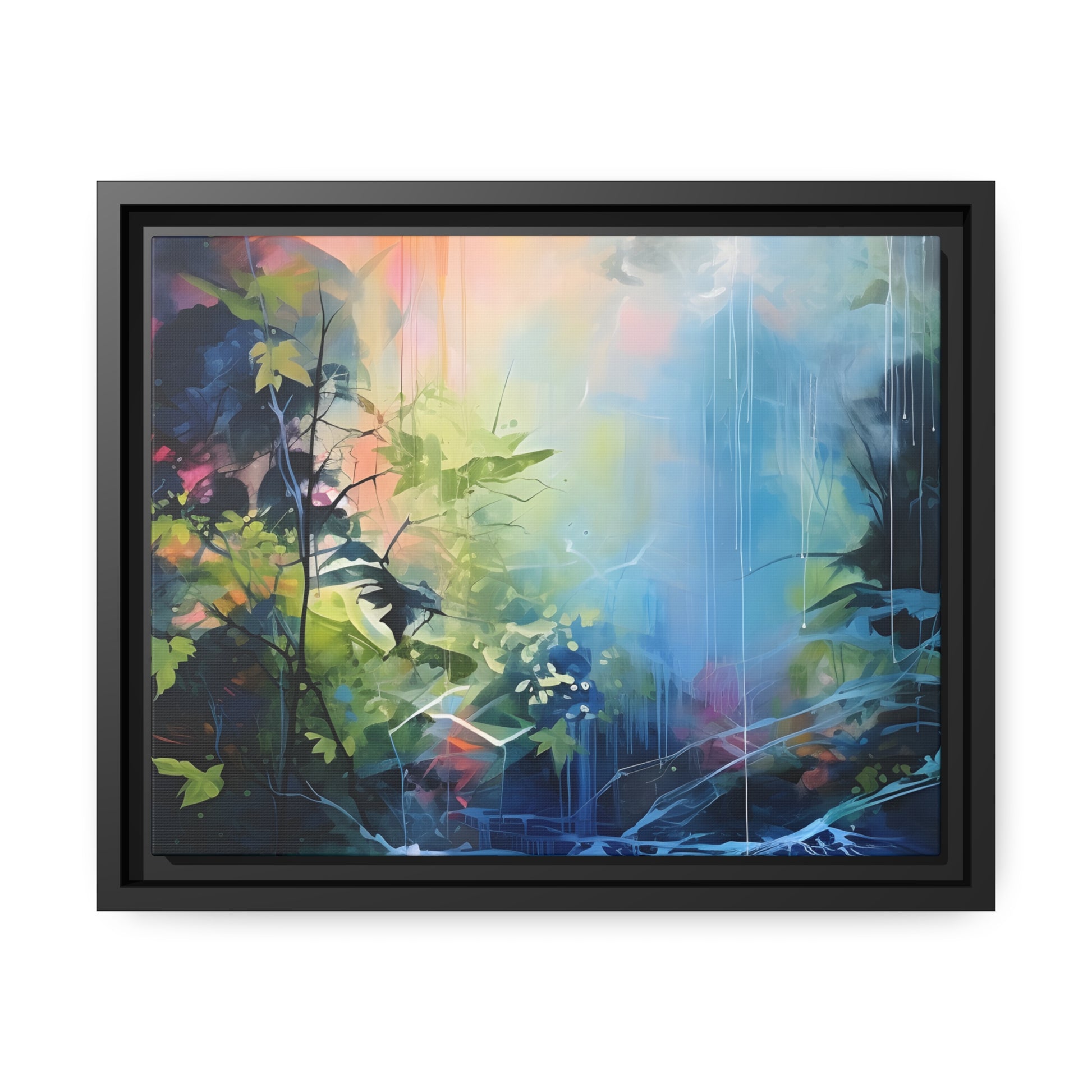 Framed Canvas Abstract Artwork Bright Vibrant Colorful Jungle And Stream Of Water Oil Painting Style Abstract Art Framed Canvas Nature