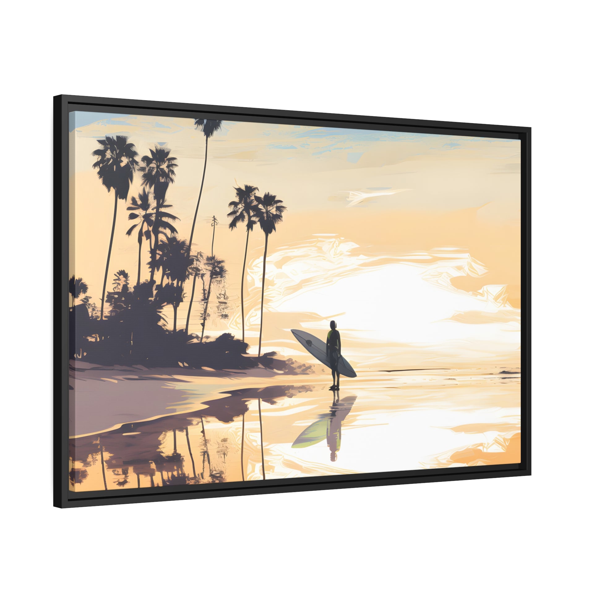 Framed Canvas Artwork Beach Ocean Surfing Warm Sun Set Art Surfer On Beach Holding Surfboard Palm Tree Silhouettes Perfect Mood Enhancer Floating Frame Canvas Artwork