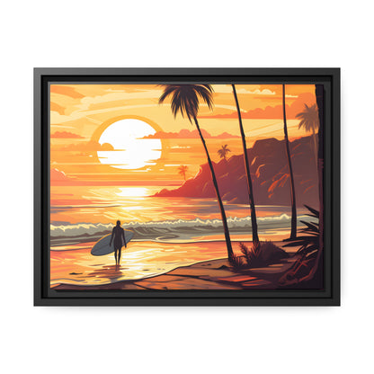 Framed Canvas Artwork Beach Ocean Surfing Warm Sunset Art Surfer Walking Up The Beach Holding Surfboard Palm Tree Silhouettes Sets The Tone Floating Frame Canvas Artwork