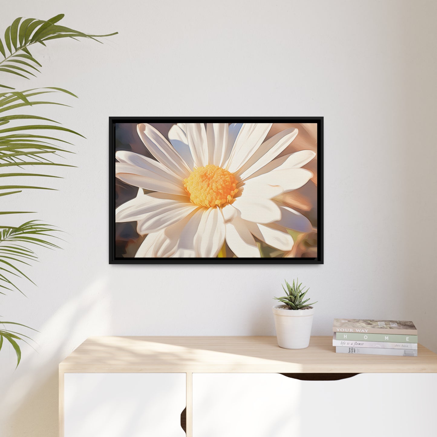 Framed Canvas Nature Inspired Artwork Stunning Sunlit Daisy Blooming Oil Painting Style