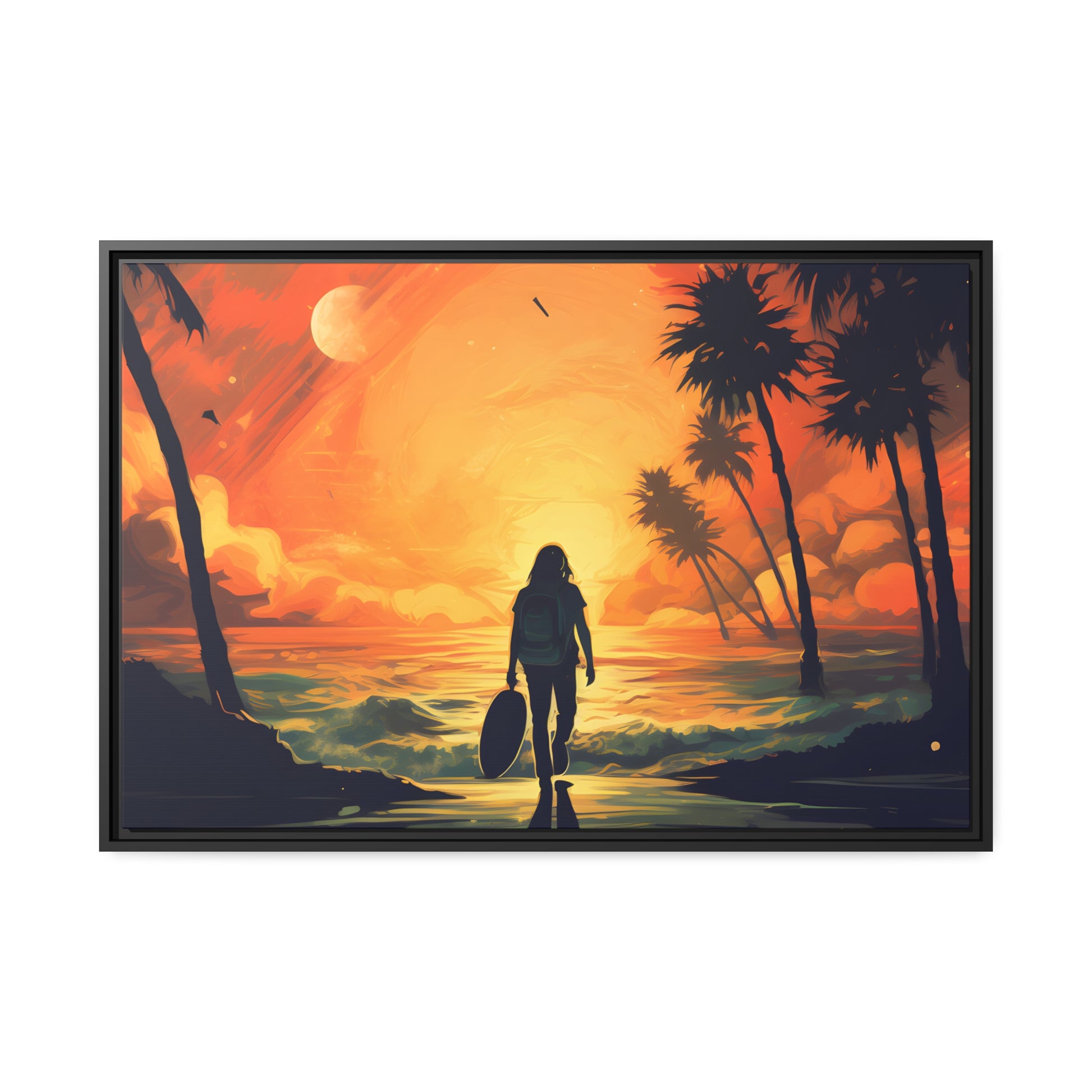 Framed Canvas Artwork Beach Ocean Surfing Warm Suns Set Art Surfer Walking Down To The Beach Holding Surfboard Palm Tree Silhouettes Sets The Tone Floating Frame Canvas Artwork