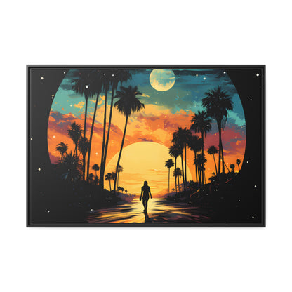 Framed Canvas Lifestyle/Ocean Side Artwork Dark Sunset Palm Tree Silhouettes Line The Pathway Large Sun Setting In Line With Perspective Moon Lit Star Filled Night Sky Floating Canvas Framed Artwork