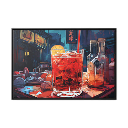 Framed Canvas Artwork Japanese Manga Style Alcohol And Night Life Bar Art Alcoholic Drink With Ice And Lemon Slice Floating Frame Canvas Neon Light Bar Artwork