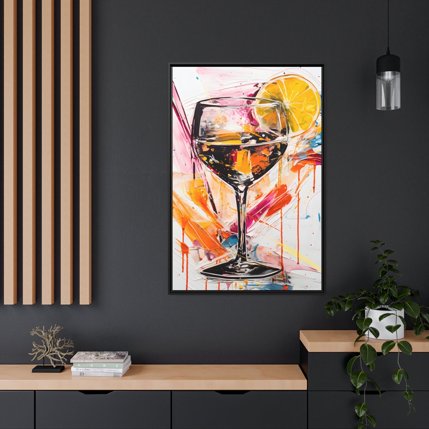 Framed Canvas artwork Bar/Night Life Art Bright Vibrant Neon Splashes Surrounding A Champagne Glass Full Of Alcohol And A Slice Of Lemon On White Background Framed Canvas Painting Alcohol Art Close Up 