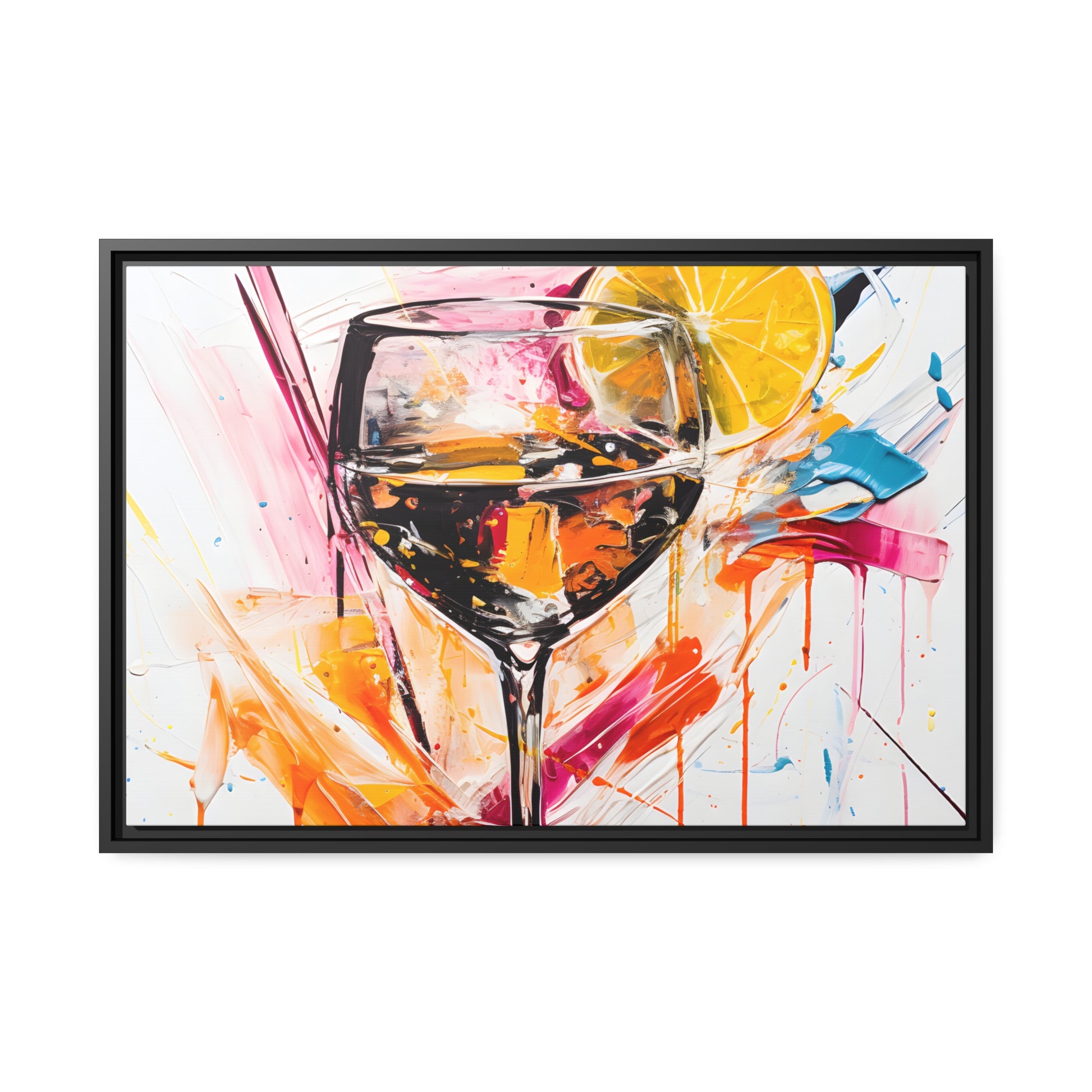 Framed Canvas artwork Bar/Night Life Art Bright Vibrant Neon Splashes Surrounding A Champagne Glass Full Of Alcohol And A Slice Of Lemon On White Background Framed Canvas Painting Alcohol Art Close Up 
