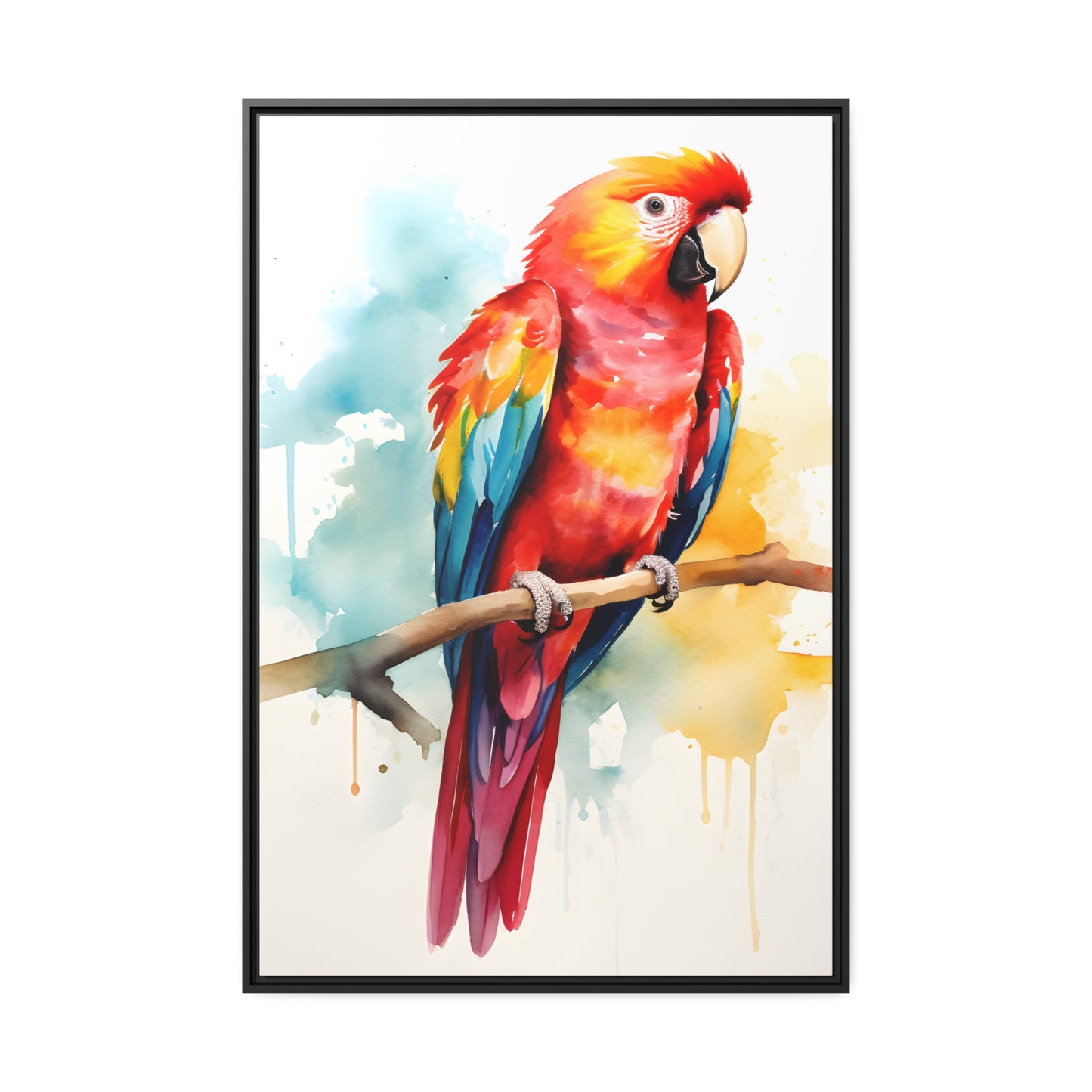 Framed Canvas Artwork Bright Red Parrot With Rainbow Wings Perched On A Tree Branch Nature Influenced Water Color Painting Style