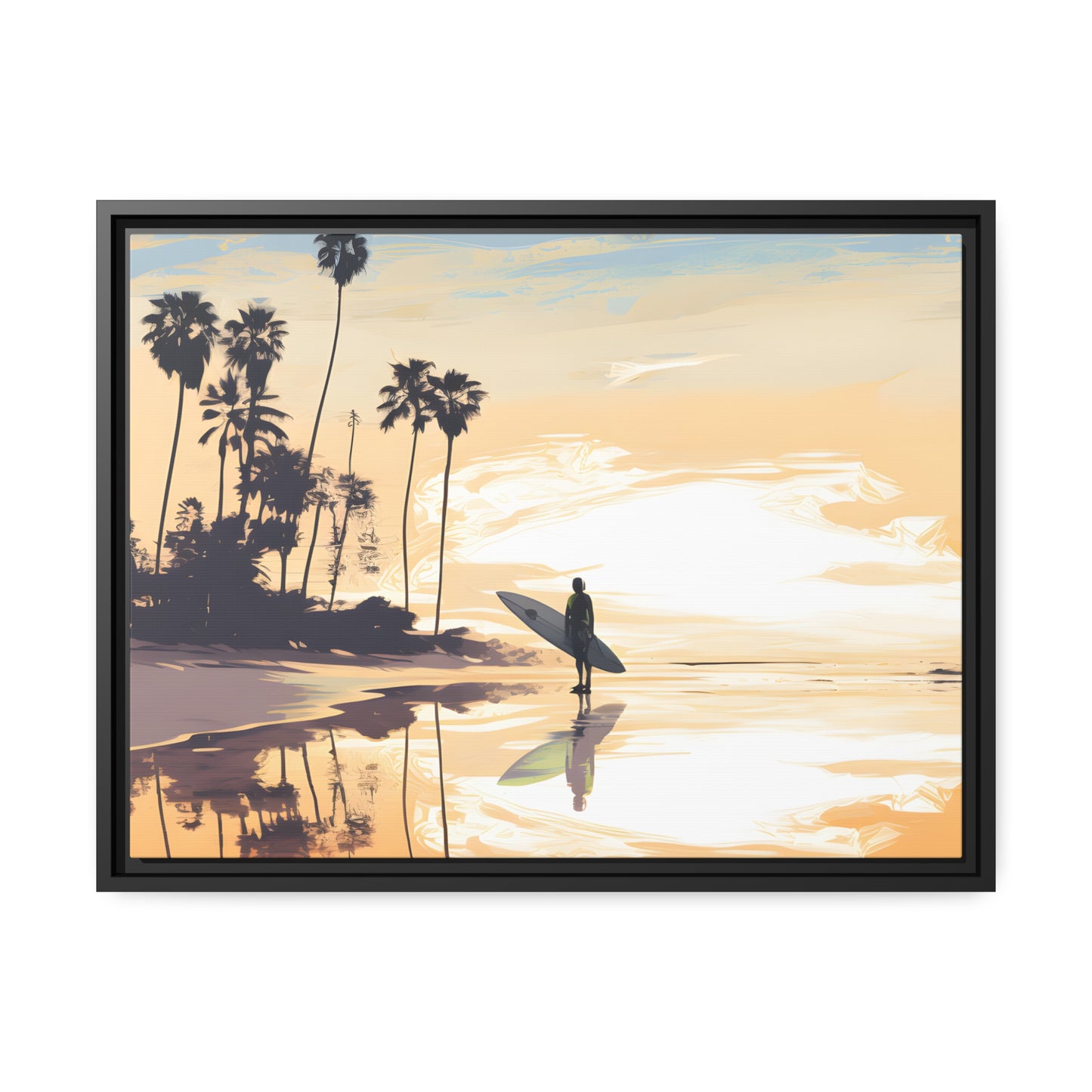 Framed Canvas Artwork Beach Ocean Surfing Warm Sun Set Art Surfer On Beach Holding Surfboard Palm Tree Silhouettes Perfect Mood Enhancer Floating Frame Canvas Artwork