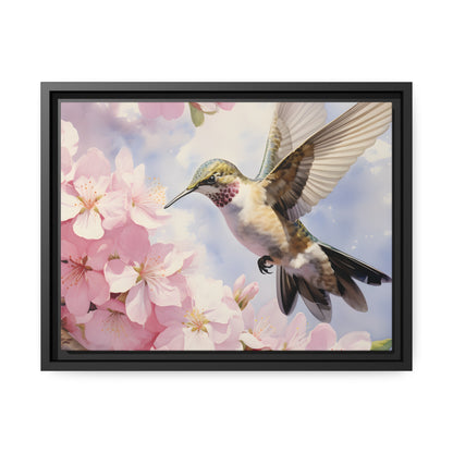 Framed Canvas Artwork Humming Bird Hovering Mid Air While Seeking Out Fresh Honey Amongst The Cherry Blossoms Framed Canvas Artwork