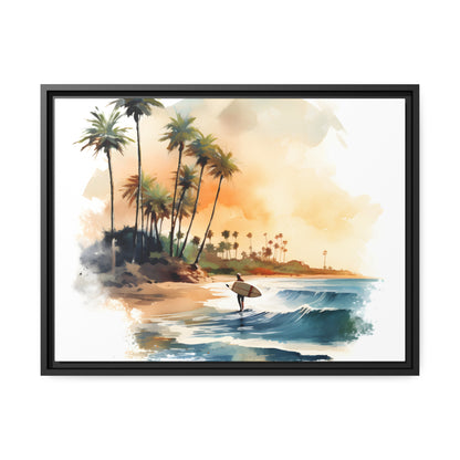 Framed Canvas Lifestyle/Ocean Side Artwork Stunning Watercolor Style Framed Painting Waves Palm Trees Sandy Beach Surfer Searching 