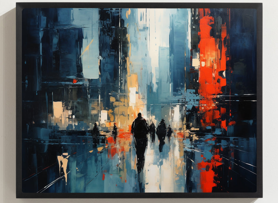 Framed Print Abstract Urban Mystique Conversation Starter Framed Poster Art Busy City Streets People Walking Through A City With Large Buildings