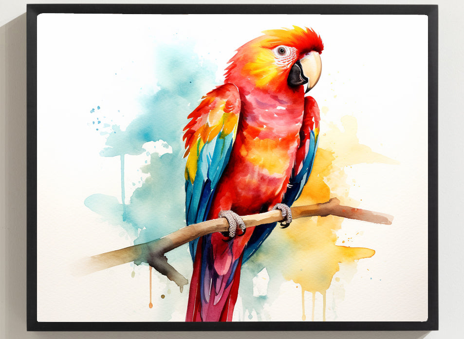 Framed Print Poster Artwork Bright Red Parrot With Rainbow Wings Perched On A Tree Branch Nature Influenced Water Color Painting Style