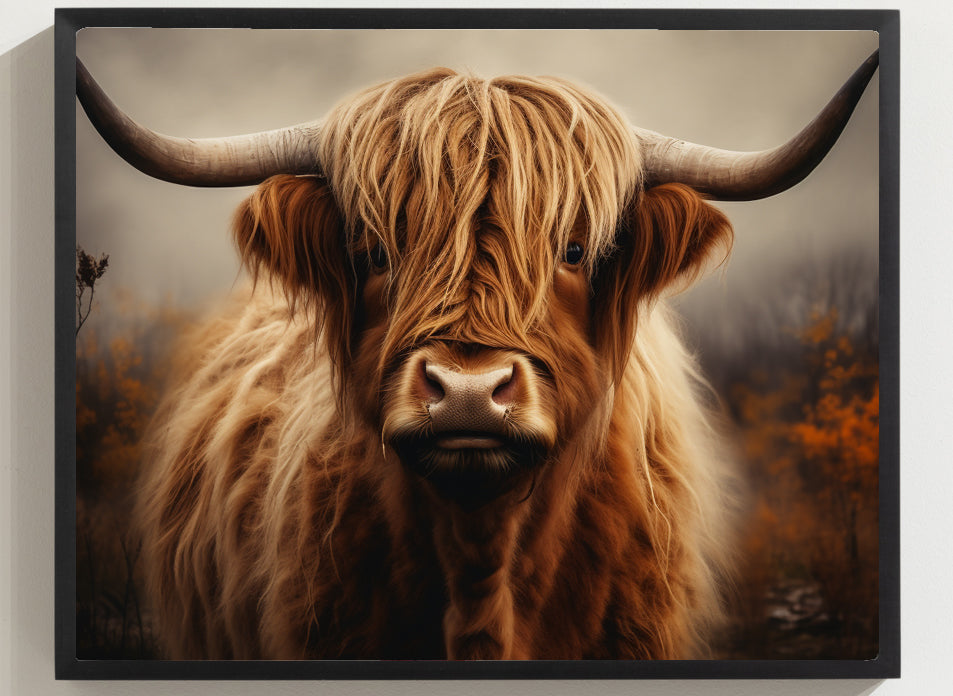 Framed Print Artwork Strong Stunning Dull Dark Gloomy Fierce Fire Highlander Bull Warm Fiery Background Emotional Staring Into The Viewer Captivating Highly Detailed Painting Style Perfect To Warm Up A Homestead Or Country Home Framed Poster