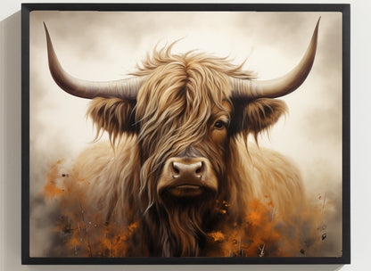 Framed Print Artwork Strong Stunning Highlander Bull Warm Fiery Flames Emotional Stylish Bull Staring Into The Viewer Captivating Highly Detailed Painting Style Perfect To Warm Up A Homestead Or Country Home Framed Poster