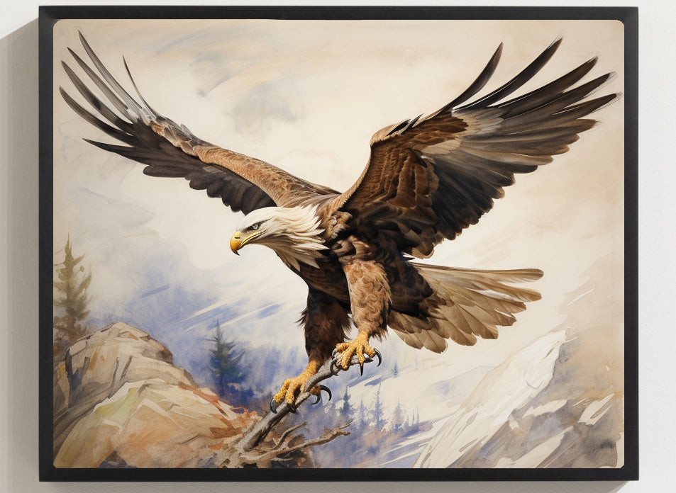 Framed Artwork Strong Soaring Bald Eagle Snowy Mountains Detailed Painting