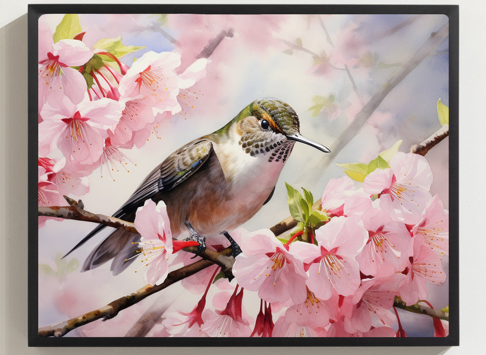 Framed Print Artwork Humming Bird Perched On Tree Branch Amongst Cherry Blossoms Framed Poster Artwork