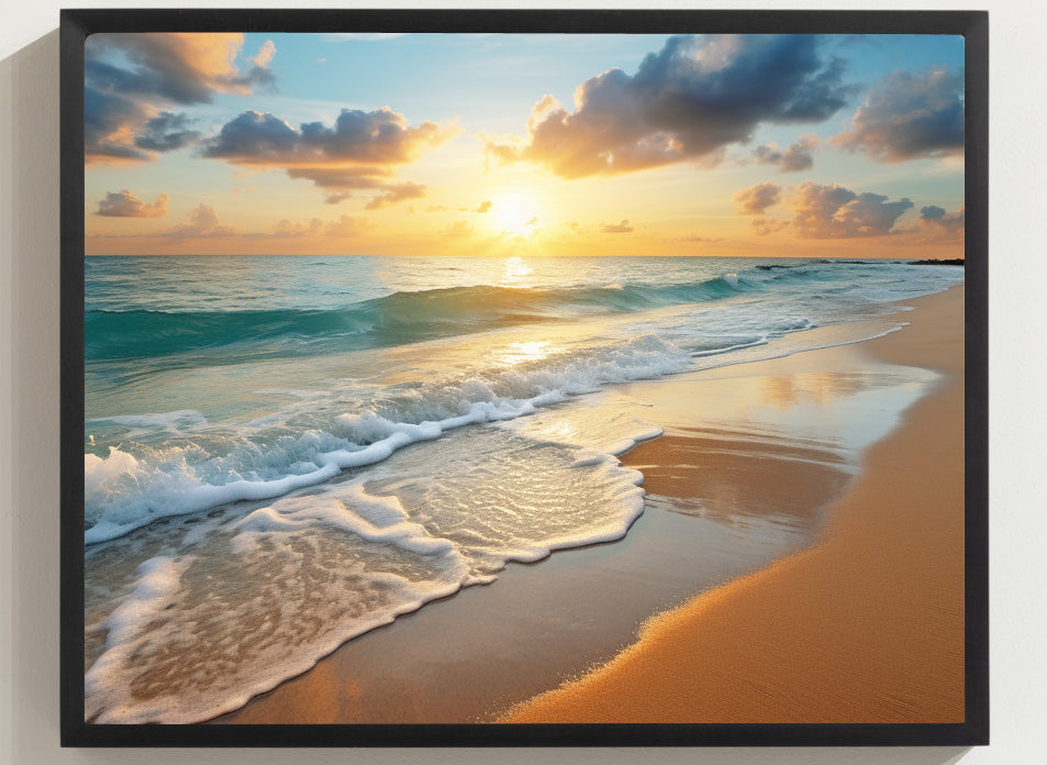 Framed Print Artwork Beach Ocean Waves Crashing Onto Clean Sand Sunset Clear Open Blue Sky With Few Clouds Perfect Soothing Beach Scene Floating Frame Poster Artwork