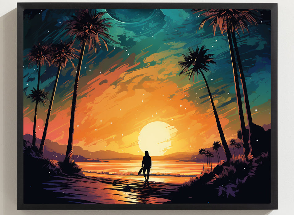 Framed Print Lifestyle/Ocean Side Artwork Smooth Ocean Water Dark Sunset Palm Tree Silhouettes Line The Pathway Large Sun Setting In Line With Perspective Moon Lit Star Filled Night Sky Framed Poster Artwork