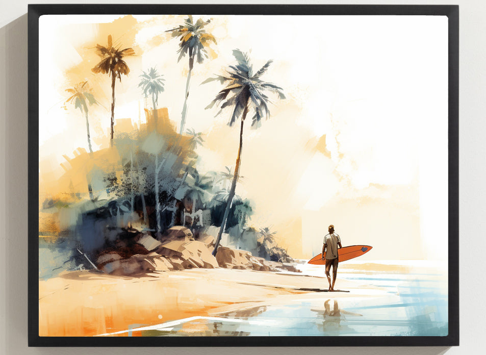 Framed Print Artwork Beach Ocean Surfing Art Surfer Walking Up The Beach Holding Surfboard Palm Trees Sets The Tone Framed Poster Artwork