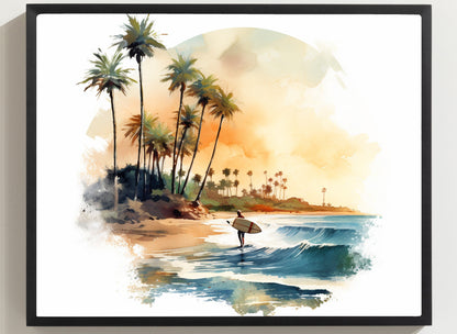 Framed Lifestyle/Ocean Side Artwork Stunning Watercolor Style Framed Painting Waves Surfer Surfing