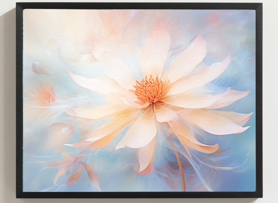 Framed Print Watercolor Style Soft White Daisy Flower Light Blue Background Soothing & Overall Calming Feel Painted Nature Art Plants Flowers Garden Framed Poster