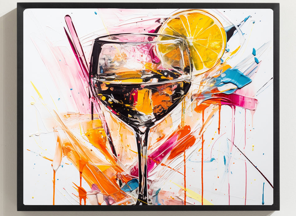 Framed Print artwork Bar/Night Life Art Bright Vibrant Neon Splashes Pink Orange Blue  Lemon Slice Surrounding A Martini Glass Full Of Alcohol On Black Background Framed Poster Painting Alcohol Art Close Up Portrait 