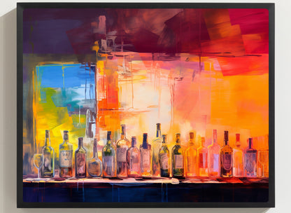 Framed Print Artwork Alcohol Bar Filled With Bottles Of Alcohol Night Life Vibrant Oil Painting Style Colorful Party Drinking Lifestyle Framed Poster