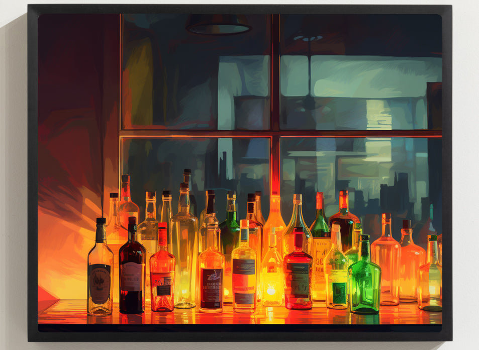 Framed Print Artwork Alcohol Bar Night Life Vibrant Colorful Well Lit Bar With Alcohol Bottles Lined Up Party Drinking Lifestyle Framed Poster