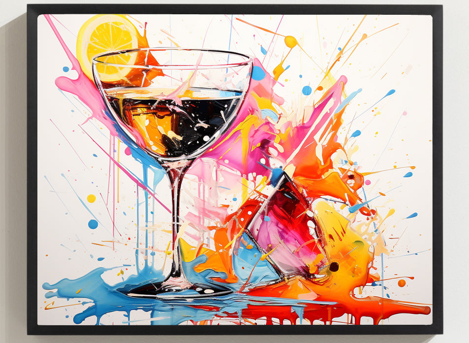 Framed Print Artwork Bright Colorful Cocktail Splashing Out Of The Glass Lemon Slices Lining Champagne Glass Vibrant Bright Drink Inside Glass White Background Attention Grabbing Art Piece Framed Poster Painting Alcohol Art