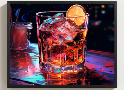 Framed Print Artwork Alcohol And Night Life Bar Art Alcoholic Drink With Ice And Lemon Slice Framed Poster Neon Light Bar Artwork