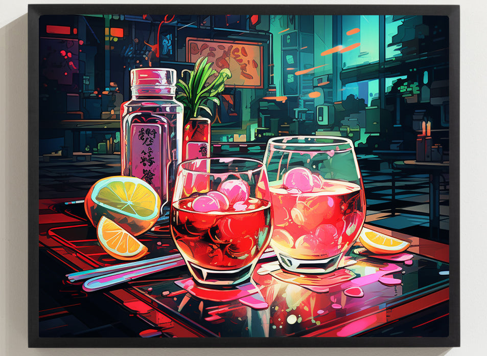 Framed Print Artwork Japanese Manga Style Alcohol And Night Life Bar Art Alcoholic Drink With Ice And Lemon Slice Framed Poster Neon Light Bar Artwork Urban Setting Lifestyle