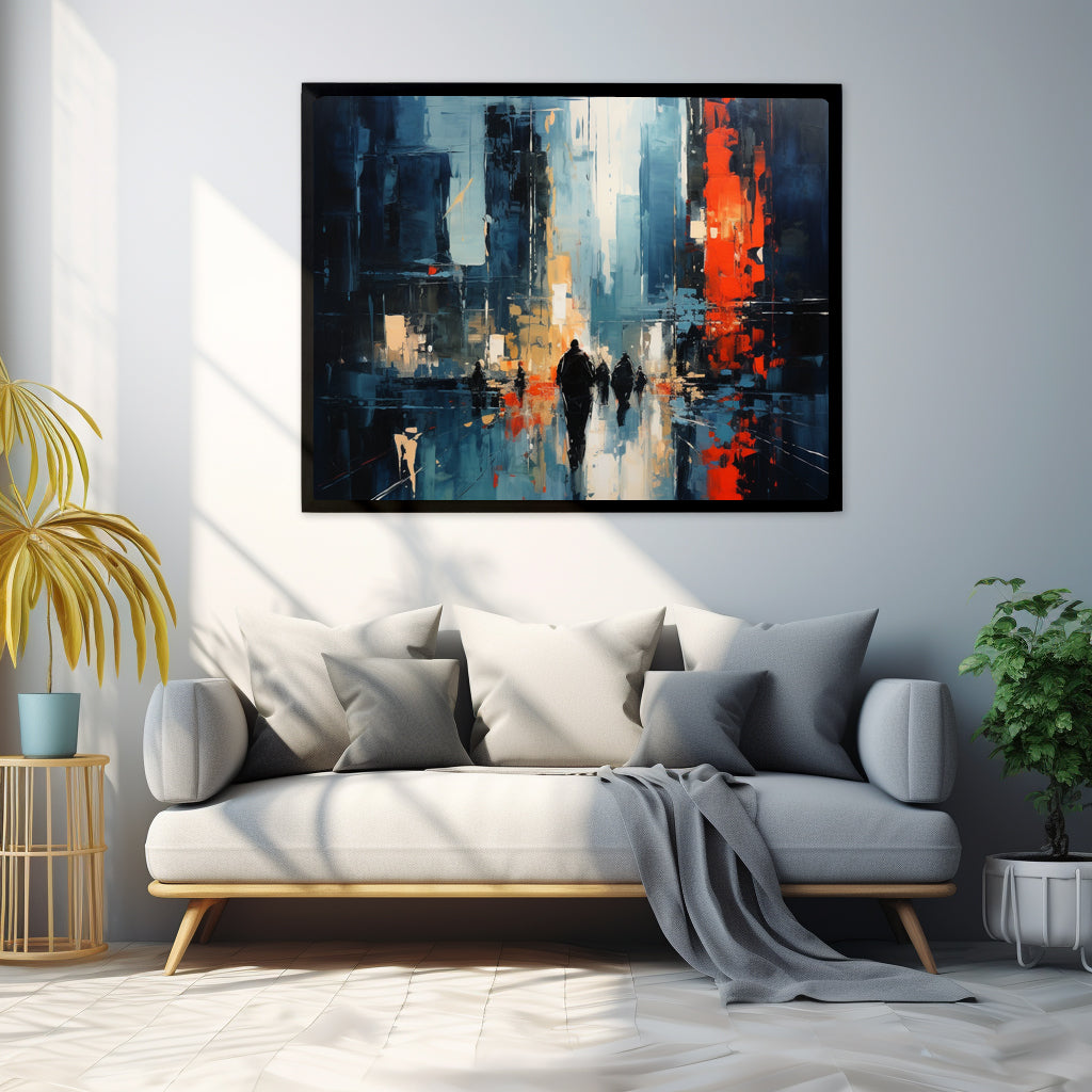 Framed Print Abstract Urban Mystique Conversation Starter Framed Poster Art Busy City Streets People Walking Through A City With Large Buildings