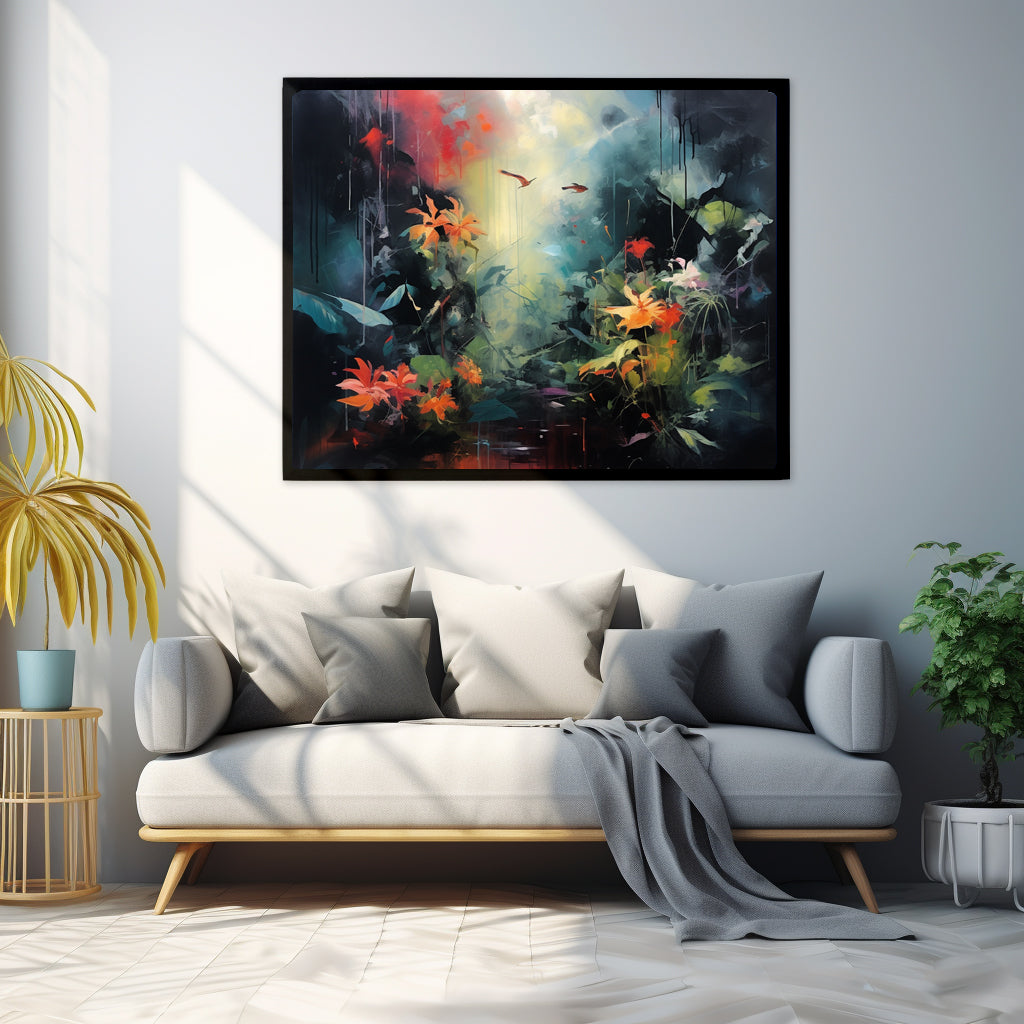 Framed Print Abstract Artwork Bright Vibrant Colorful Jungle Scene Moody Dense Abstract Art Framed Poster