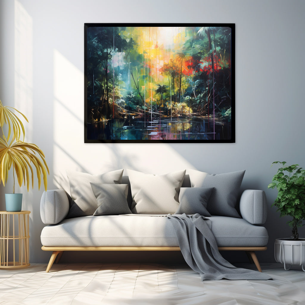 Framed Print Abstract Artwork Bright Vibrant Colorful Rainbow Jungle Behind A Pond Oil Painting Style Abstract Art Framed Poster Nature