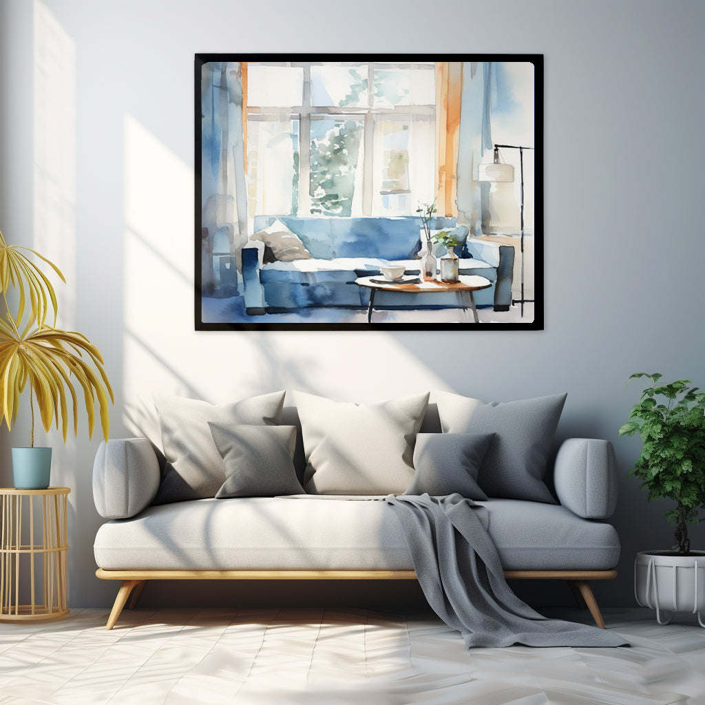 Framed Print Artwork Water Color Style Home Decor Large Windows Sun Lit Room Light Cool Colors Water Color Style Interior Design Lifestyle Framed Poster