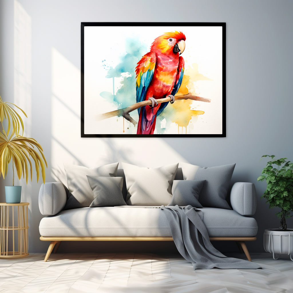 Framed Print Poster Artwork Bright Red Parrot With Rainbow Wings Perched On A Tree Branch Nature Influenced Water Color Painting Style