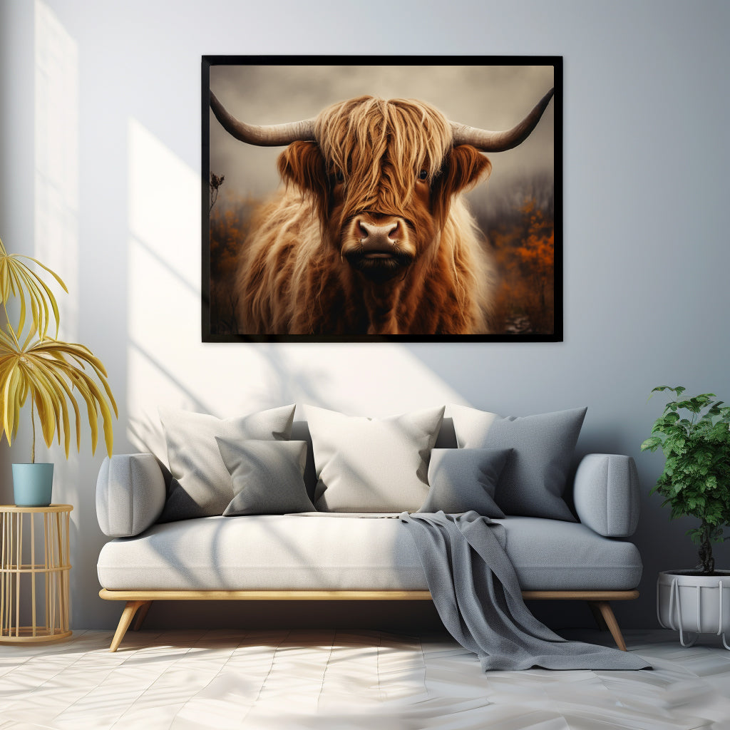 Framed Print Artwork Strong Stunning Dull Dark Gloomy Fierce Fire Highlander Bull Warm Fiery Background Emotional Staring Into The Viewer Captivating Highly Detailed Painting Style Perfect To Warm Up A Homestead Or Country Home Framed Poster