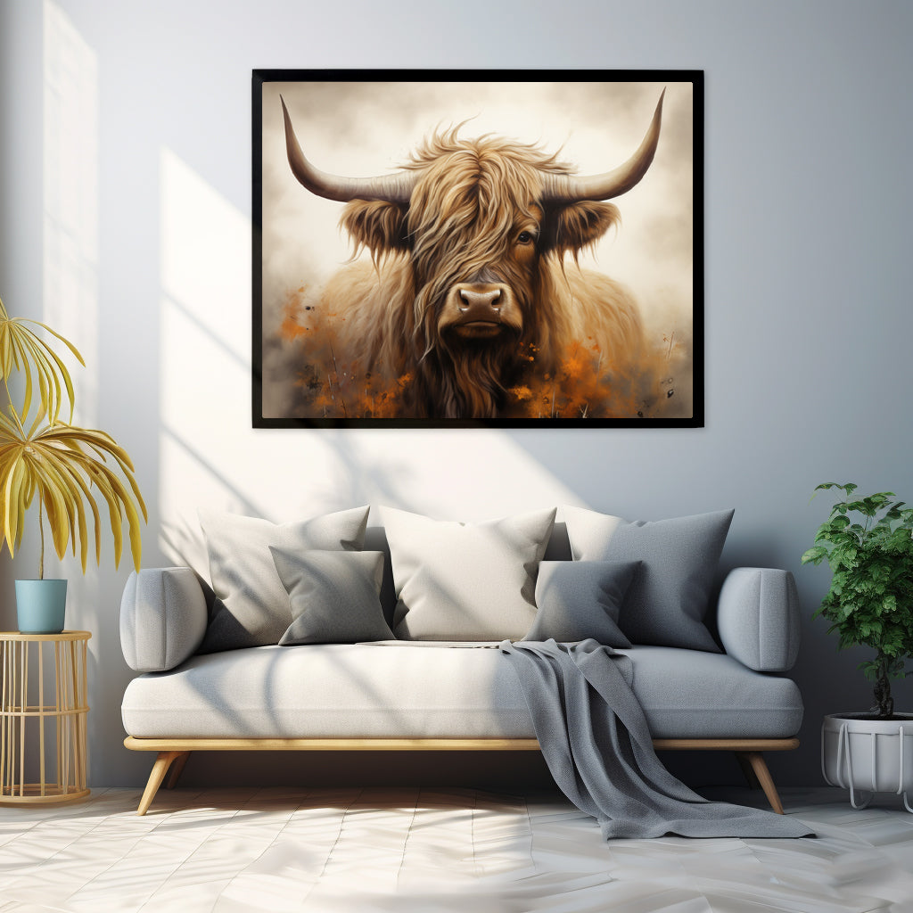 Framed Print Artwork Strong Stunning Highlander Bull Warm Fiery Flames Emotional Stylish Bull Staring Into The Viewer Captivating Highly Detailed Painting Style Perfect To Warm Up A Homestead Or Country Home Framed Poster