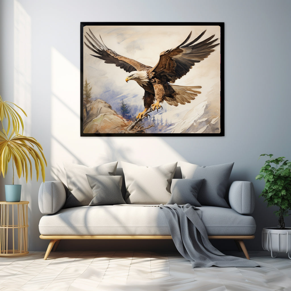 Framed Artwork Strong Soaring Bald Eagle Snowy Mountains Detailed Painting