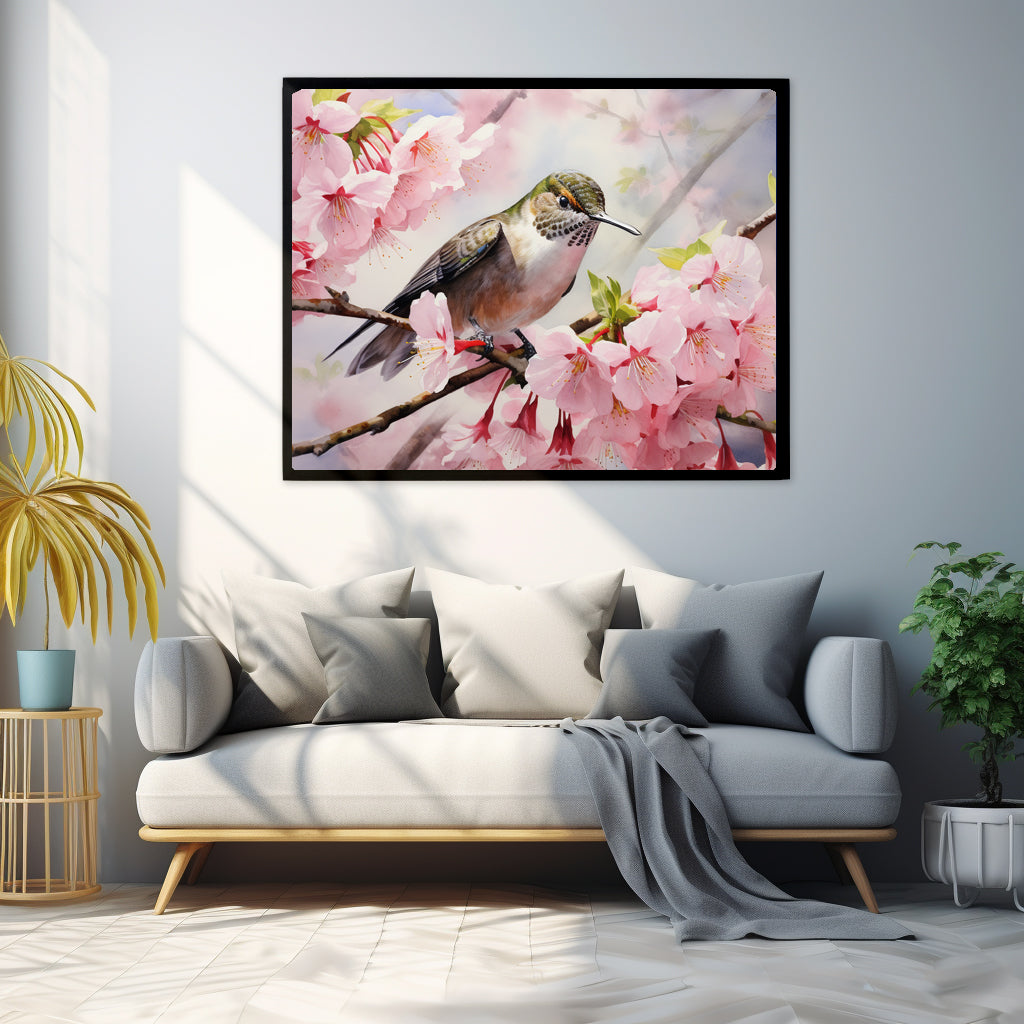 Framed Print Artwork Humming Bird Perched On Tree Branch Amongst Cherry Blossoms Framed Poster Artwork