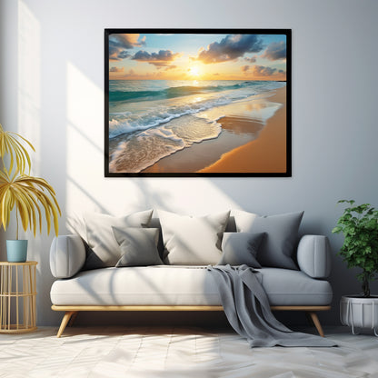 Framed Print Artwork Beach Ocean Waves Crashing Onto Clean Sand Sunset Clear Open Blue Sky With Few Clouds Perfect Soothing Beach Scene Floating Frame Poster Artwork