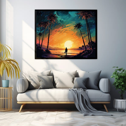 Framed Print Lifestyle/Ocean Side Artwork Smooth Ocean Water Dark Sunset Palm Tree Silhouettes Line The Pathway Large Sun Setting In Line With Perspective Moon Lit Star Filled Night Sky Framed Poster Artwork