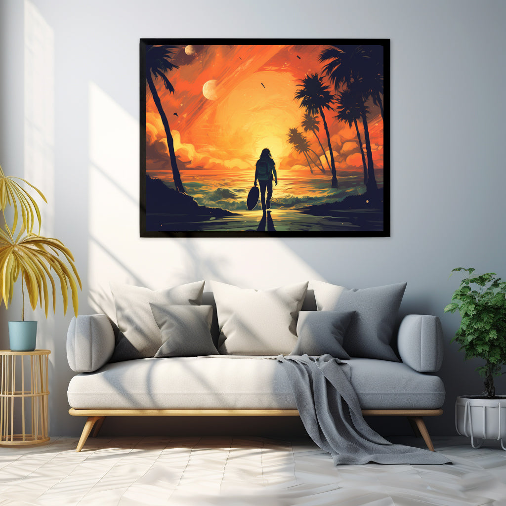 Framed Print Artwork Beach Ocean Surfing Warm Suns Set Art Surfer Walking Down To The Beach Holding Surfboard Palm Tree Silhouettes Sets The Tone Framed Poster Artwork