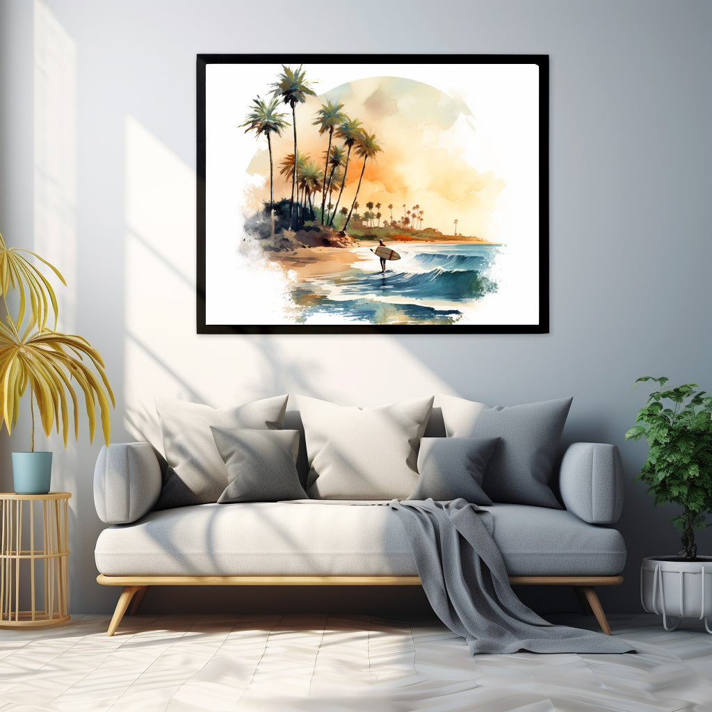 Framed Lifestyle/Ocean Side Artwork Stunning Watercolor Style Framed Painting Waves Surfer Surfing