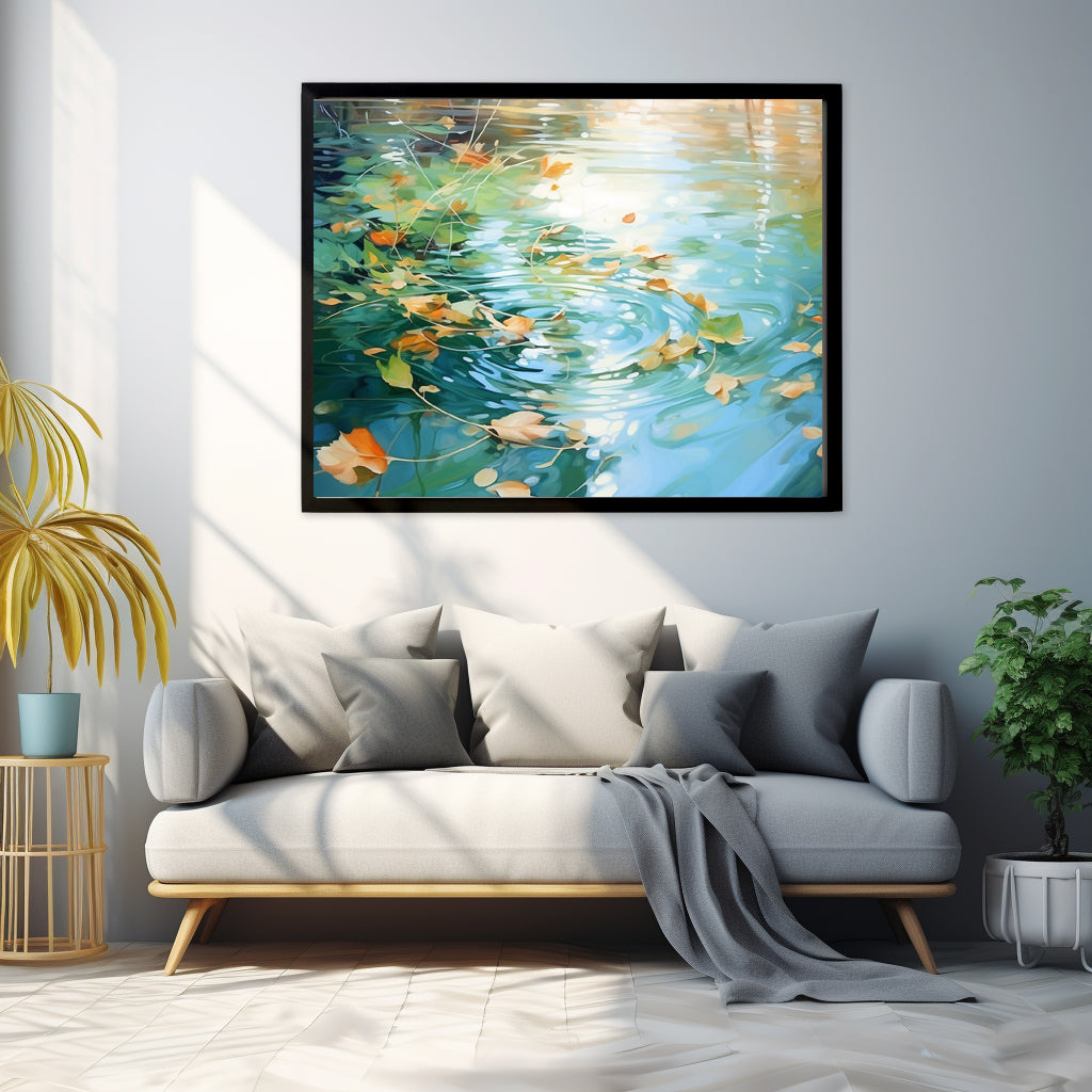 Framed Print Green Reflective Pond Brown Leafy Windy Weather Abstract Art Framed Poster