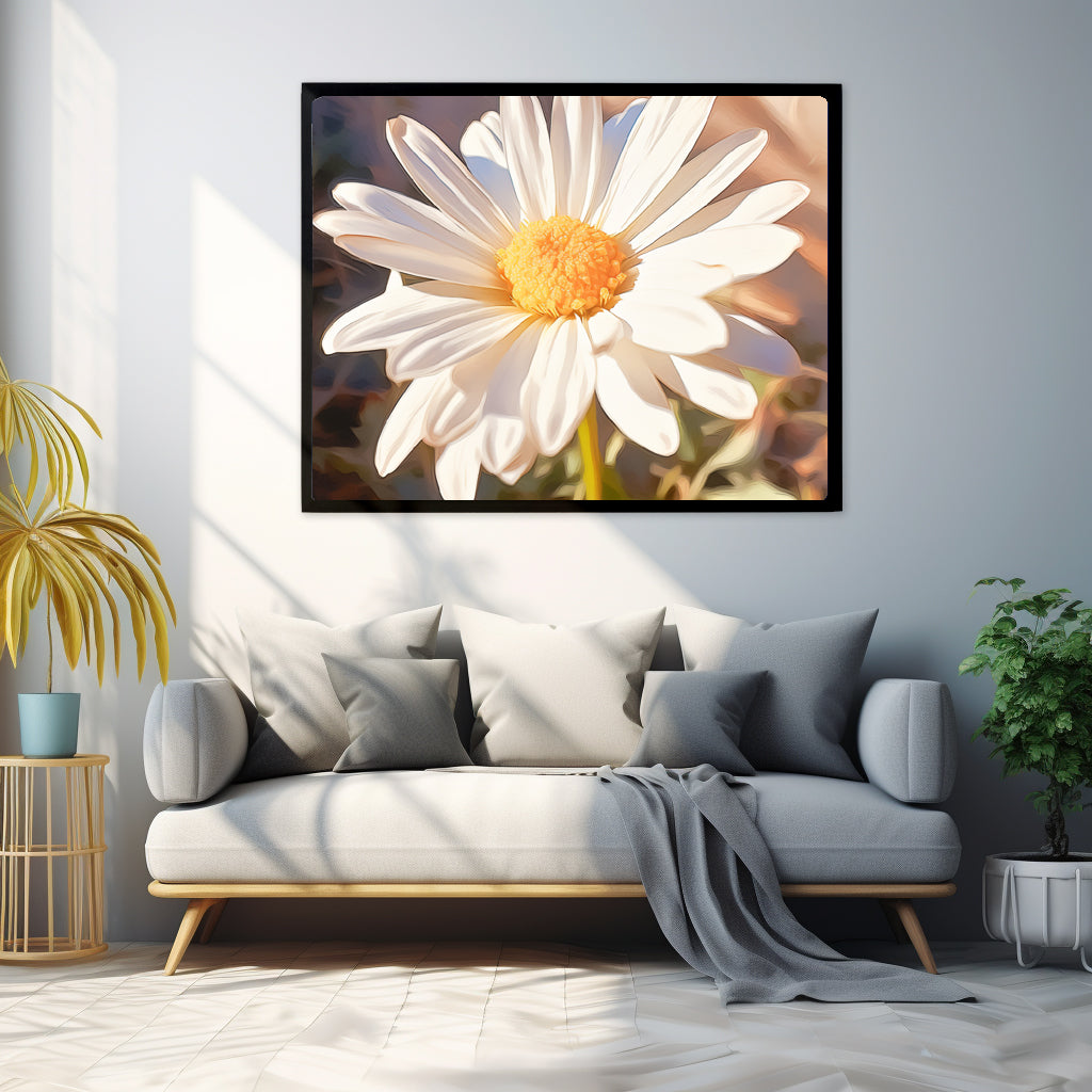 Framed Nature Inspired Artwork Stunning Sunlit Daisy Blooming Oil Painting Style 